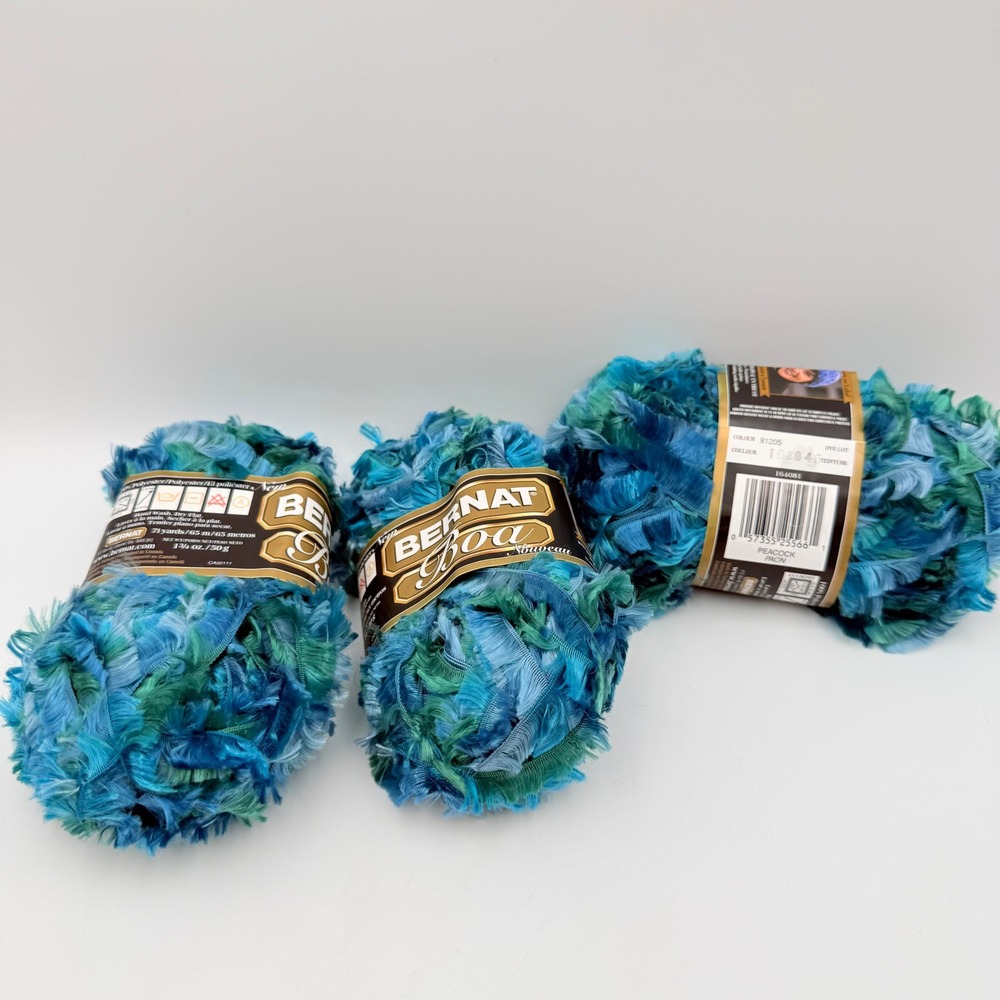 Bernat Boa Yarn Peacock 81205 Eyelash Novelty Blue Green 3 Skeins Lot Bulky 50g